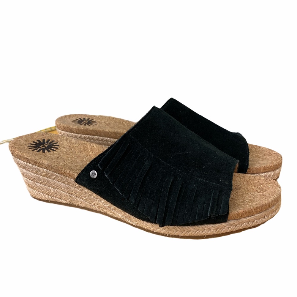 UGG Black Suede Fringe Espadrille Wedge Slides